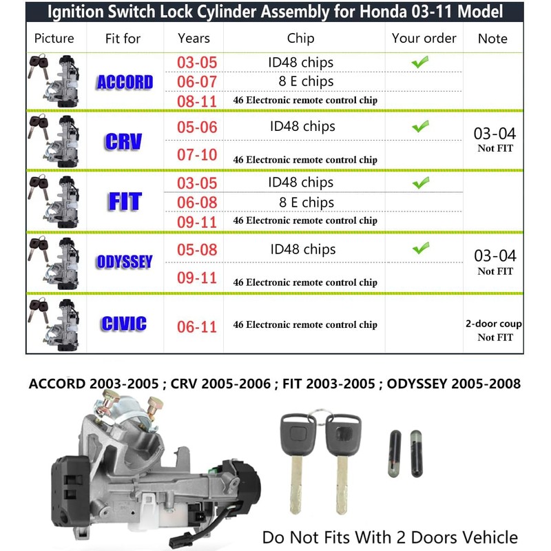 Ignition Switch Lock Cylinder Assembly Compatible with Honda Accord CRV