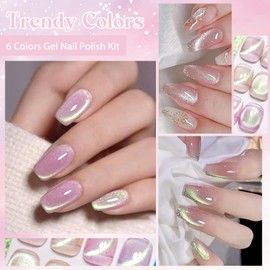 MTSSII 6 Colors Cat Eye Gel Nail Polish Set Cateye Gel Polish Kit Pink Green Blue Crystal Gel Polish with 1 Magnet, Shimmer Gel Nail Art Manicure Gift 7ml