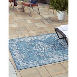 Unique Loom Outdoor Traditional Collection Area Rug - Valeria (13' Square, Blue/ Ivory)