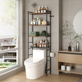 NETEL Muebles para Baño, 4 Niveles Estante para Baño, Repisa Baño con1 Portarrollos y Ventosas Antivuelco, Adapta a la mayoría de los Inodoros, Marrón