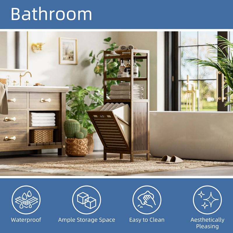HITNET Bamboo Tilt Out Laundry Hamper, Bathroom Storage Cabinet with