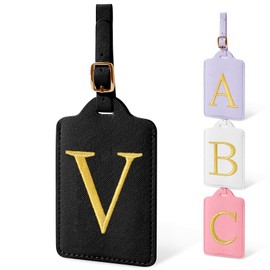 Unique Initial Letter Luggage Tags for Suitcases, Monogrammed Suitcase Luggage Identifier Tag,PU Leather TSA Approved Luggage Tags,Bag Tags for Men Women Kids Luggage Baggage(Black V)