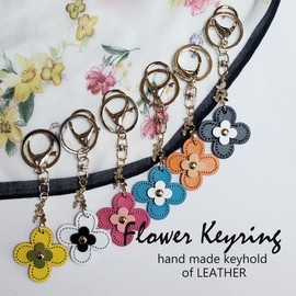byDream Clover Flower Charm Key Chain Genuine Leather Bling Rhinestone Butterfly Cute Key Ring Bag Charm, yellow