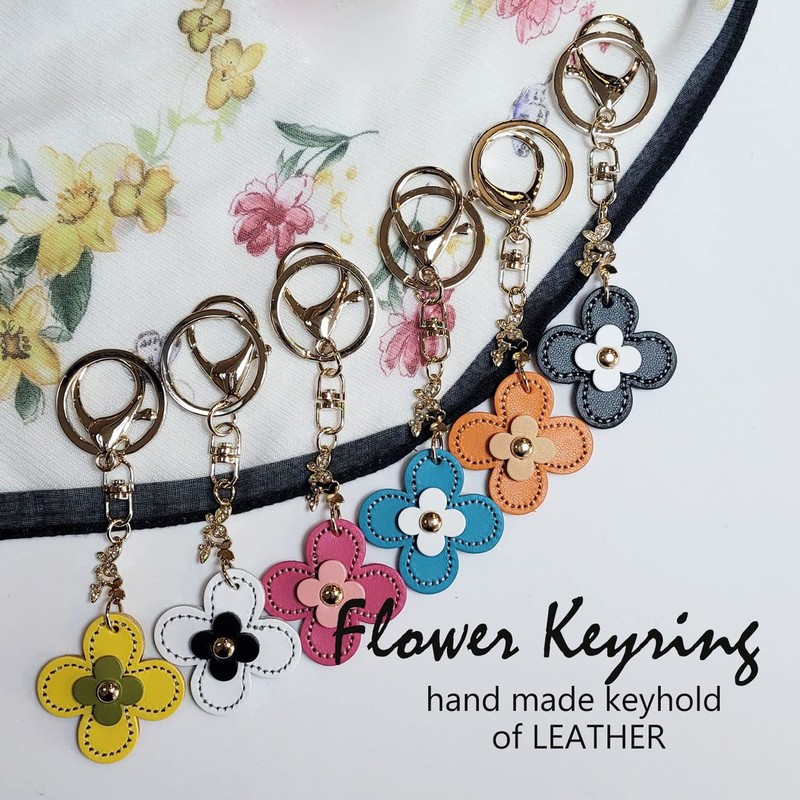 byDream Clover Flower Charm Key Chain Genuine Leather Bling Rhinestone