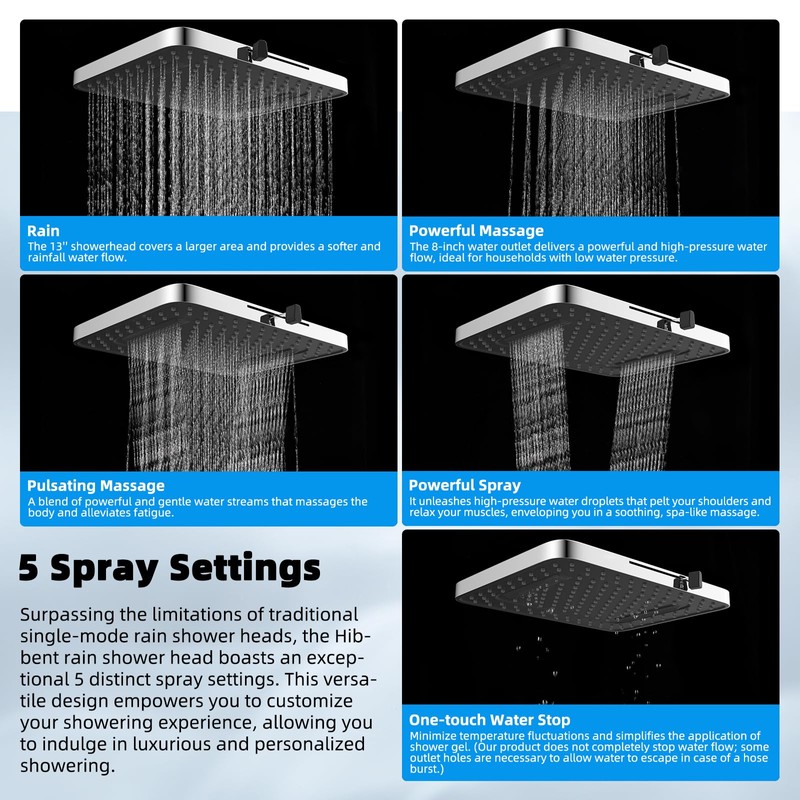 Hibbent Upgraded 5-spray 13'' Shower Head, High Pressure Rainfall Shower