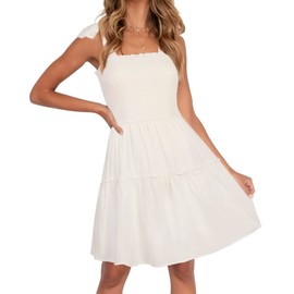 ZESICA Women's 2024 Summer Spaghetti Strap Sleeveless Square Neck Ruffle A Line Swing Mini Dress,Ivory,Medium