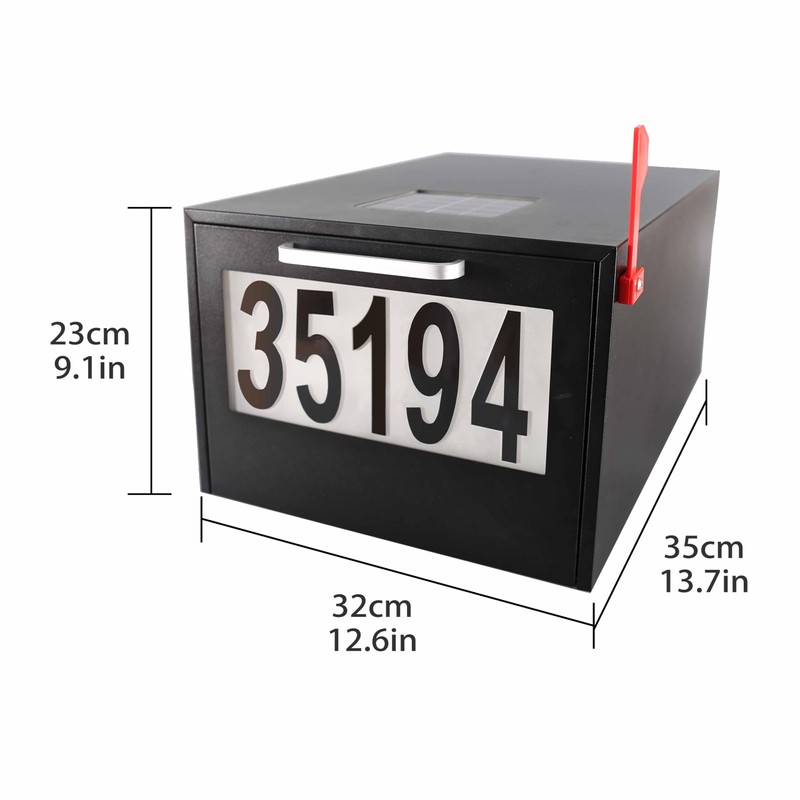 Black Post Mount Mailbox - 2 Lighting Modes Solar Numbers