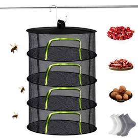 Baieye Herb Drying Net, 4-Layer Herb Net for Drying, Diameter 60 cm, Herb Dryer, Foldable with Fluorescent Zip and S-Hook, Mesh Drying Net for Plant, Meat, Flowers