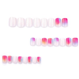 Press on Nails Short Acrylic Nails Colorful Full Cover Nails Press ons Square False Nails Ombre & Smudge Artificial Nails Reusable Stick on Nails for Women 24 Pcs