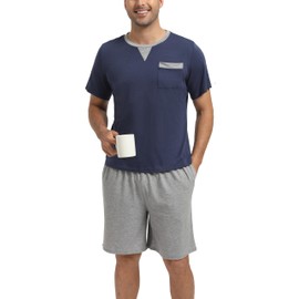 Enjoyoself Men's Short Cotton Pyjamas Short Sleeve Two Piece Sleepwear Lightweight Airy Summer Shorty, Dark blue