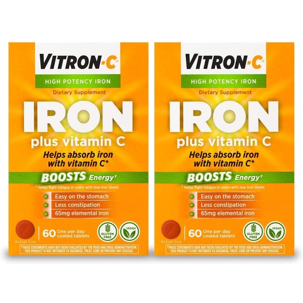 Vitron-C High Potency Iron Supplement with 125 mg Vitamin C, 60 Count | Pack of 2