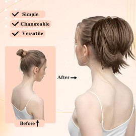 Ponytail Extension Human Hair Blend - Clip-In Messy Bun Hair Piece with Claw Clip, Natural Straight Synthetic Fake Ponytail for Women (Light Brown)
