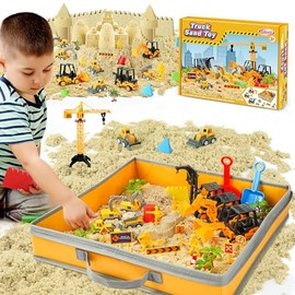 Billeeit Sand Construction Kit with Foldable 15 x 15 in Sandbox, 2.2 lbs Sensory Sand, 8 Trucks, Molds & Tools, Gift for Kids 3+