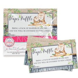 Amanda Creation “Guess Whooo” Owl Diaper Raffle Tickets for Baby Boy Showers, 20 2" X 3” Double Sided Insert Cards for Games, Bring a Pack of Diapers to Win Favors & Prizes!