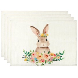 Rabbit Flowers Spring Place Mats Set of 4 Placemats Easter Seasonal Spring Summer Kitchen Table Decoration Easter Decoration Table Indoor Holiday Party Decoration 30 x 45 cm