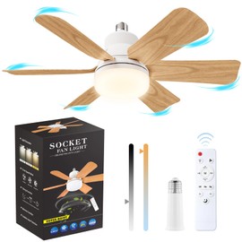 Techcircle Socket Fan Light with Remote Control, 20" Screw in Ceiling Fans with Lights & Socket Extender Light Bulb Fan 3 Speeds, Ceiling Fan Light 6 Blades for Bedroom, Kitchen, Garage, Wood Grain