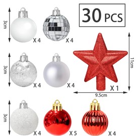 Pack of 30 Mini Christmas Baubles with Hanger, 3 cm Small Christmas Tree Baubles, Red & White Baubles, Mini Christmas Tree, Table Christmas Tree Decoration Set