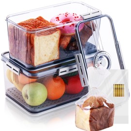 2 Pack Bread Box for Kitchen Countertop, Regular and Big Bread Container Storage Airtight Loaf, Large Breadbox for Bread Storage, Clear Refrigerator Lock Box for Fruit Storage with 50 Pcs Bread Bags