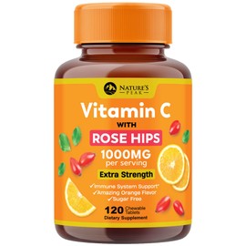 Vitamin C 1000mg Chewable Supplement - Extra Strength Immune Support Vitamin C Dietary Supplement with Rose HIPS, Nature's VitaminC Antioxidant Support, Natural, Vegan, Orange Flavor - 120 Tablets