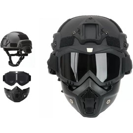 Airsoft Helmet + Full Face Mask with NVG Fixtures and Side Rails, Removable Full Face Mask for CS Games, Paintball and Other Outdoor Activities