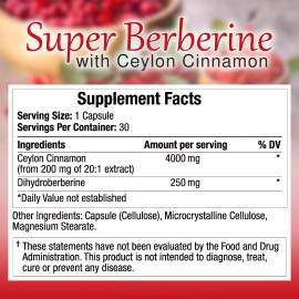 TrueMed Super Berberine Ceylon Cinnamon Dihydroberberine, 4250 Mg 30 Capsules