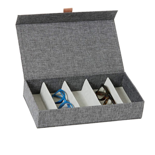 LOVE IT STORE IT Premium Storage Box for Glasses - Glasses Box Made of High-Quality Linen, Velvet Interior - Reinforced with Wood - with 5 Compartments - Grey - 30 x 17 x 6 cm
