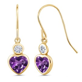Gem Stone King 14K Yellow Gold Dangle Earrings Set with Heart Shape Purple Amethyst and Moissanite (1.04 Cttw)