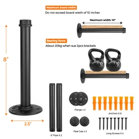Home Expert 8 Inch Black Industrial Pipe Floating Clothing Rack Wall Mounted, Heavy Duty Garment Rack for Hanging Clothes, Multi-purpose Hanging Rod for Closet Storage, 2 Pack