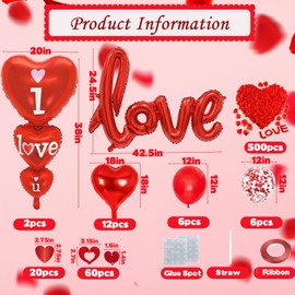 Valentines Day Decorations with I Love You and Red Heart Foil Balloons, Latex Balloons, Fake Rose Petals and Hearts Garland for Valentines Day Party Wedding Anniversary Engagement Decor
