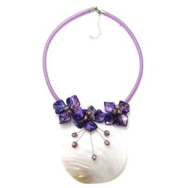 Purple Elite Mother of Pearl Shell Medallion Floral Attention Satin Necklace
