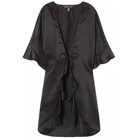 Victoria's Secret Sexy Satin Kimono Black Ruffle Graphic Robe One Size NWT