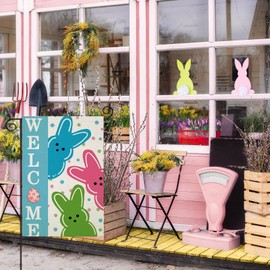 EKOREST Welcome Peep Easter Bunny Garden Flags 12x18 Inch Double Sided, Colorful Rabbit with Dots Small Seasonal Decoration for Holiday Anniversary Yard Outside Outdoor Decor