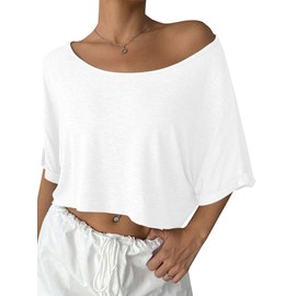 Remidoo Womens Off The Shoulder Short Sleeve Crop Top Asymmetrical Neck Loose Tshirt White Small