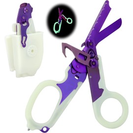 Awaiymi 6 in 1 Multi-function Trauma Shears with Strap Cutter and Glass Breaker, with Luminous Holster, Stainless Steel Foldable Trauma Shears For Outdoor Camping Emergency Tool (Luminous Purple)