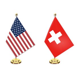 2 Pack Switzerland American Desk Small Flag Set,5×8 Inch Swiss Mini Desktop Table Banner,12" Metal Solid Pole Decor,Tiny Digital Printed Polyester Banner With Golden Base