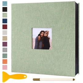 Self Adhesive Photo Album Black Pages Scrapbook Magnetic Photo Albums for 4x6 5x7 8x10 Pictures Books with Sticky Pages with A Metallic Pen for Baby Family Wedding 11x10.6 GrassGreen 40 Pages