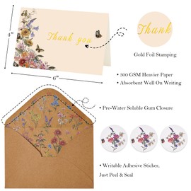 Crisky Thank You Cards 3 Assortment, Watercolor Vintage Wildflowers & Butterfiles (50 Cards with Envelopes for Birthday, Baby Shower, Bridal Shower, Wedding, All Occasion)