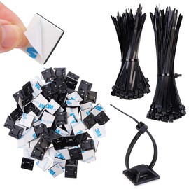 AGT Set of 200 UV Resistant Cable Ties with Base, Black