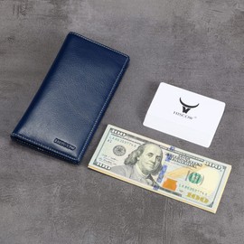 HISCOW Slim Leather Long Wallet for Men & Women, Italian Calfskin, Breast Pocket Wallet for Checkbook, Credit Cards, Antiqued Blue, Large, Vintage