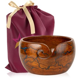 Bhartiya Handicrafts Wooden Yarn Storage Bowl, Large 7x7x4 Inches Knitting Yarn Holder for Crocheting, Crochet Bowl with Fractal Wood Burning & Blue Resin Artwork (Blue)