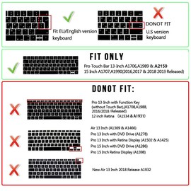 WYGCH English Language Silicone Keyboard Cover for MacBook Pro 13 15 inch 2019 2018 2017 and 2016 with Touch Bar and Touch ID Model: A2159 A1989 A1706 / A1990 A1707, European Version