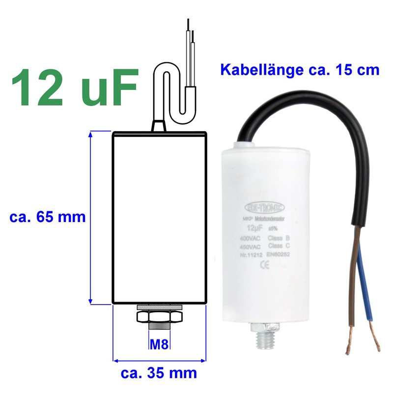 Starting Capacitor, Motor Capacitor, Working Capacitor, Cable 12 μF, 450