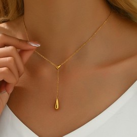 Y-Shaped Necklace for Women,18K Gold Plated Minimalist Lariat Chain with CZ Flower Pearl,Trendy Cross Bow Necklaces Everyday Boho Jewelry
