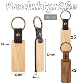 10 Pieces Key Fob Wooden Blank Leather Key Ring Book for Laser Engraving Key Ring Blank DIY Various Wooden Pendants for Painting Gifts Decoration, Burlywood