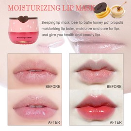 2 PCS Bee Lip Balm Lip Mask Honey Pot, Honey & Strawberry Lip Mask Propolis Moisturizing Lip Balm with Stick - Hydrating Prevention Dry and Cracked Lip Scrubs Exfoliato Lip Wrinkle Care
