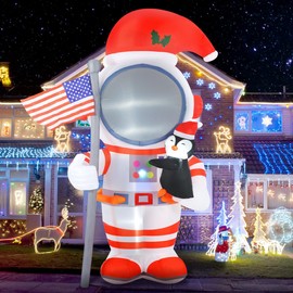 Inflatable Christmas Yard Decorations Blow Ups Red Astronaut Spaceman with Penguin for Holiday Inflate Lighted Xmas Santa with Frag Inflate Themed Party Ornaments