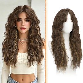 Brown Wigs with Curtain Bangs - 26 Inch Long Wavy Curly Middle Part Soft Natural Looking Synthetic Hair Wig for Women Daily Party Cosplay Costume Use, Brown Mixed Blonde