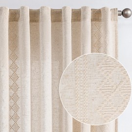 jinchan Boho Curtains Linen Curtains Ivory Farmhouse Curtains 63 Inches Long for Bedroom Square Embroidered Bordered Back Tab Living Room Window Light Filtering Bohemian Curtains 2 Panels
