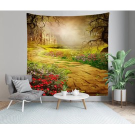 CORFOTO Fantasy Castle Tapestry Fairyland Fairy Tale Garden Wall Decor Mist Castle Flowers Rocks Path Scenery Wall Tapestry for Kids Girls Bedroom College Dorm Decor 60Wx60H inches Fabric