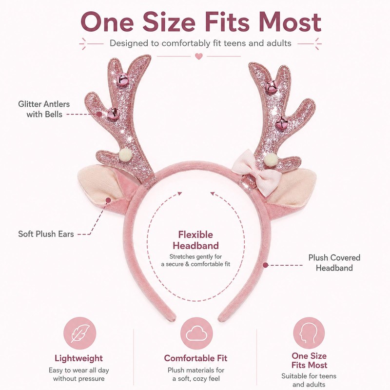 Pink Reindeer Antler Headband Glitter Bow Elk Bells Hair Hoop